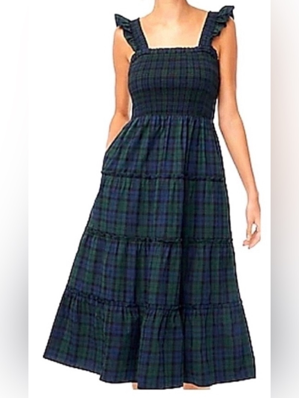 J Crew Smocked Tiered Maxi Dress in Navy & Green Plaid